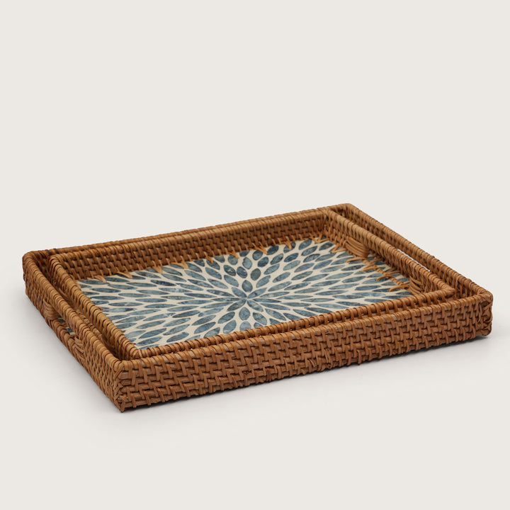 Handcrafted Rectangular Serving Tray with Blue Petal Inlay - Large