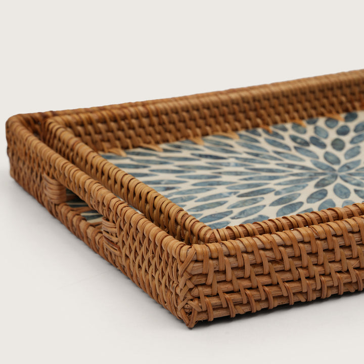 Handcrafted Rectangular Serving Tray with Blue Petal Inlay - Large