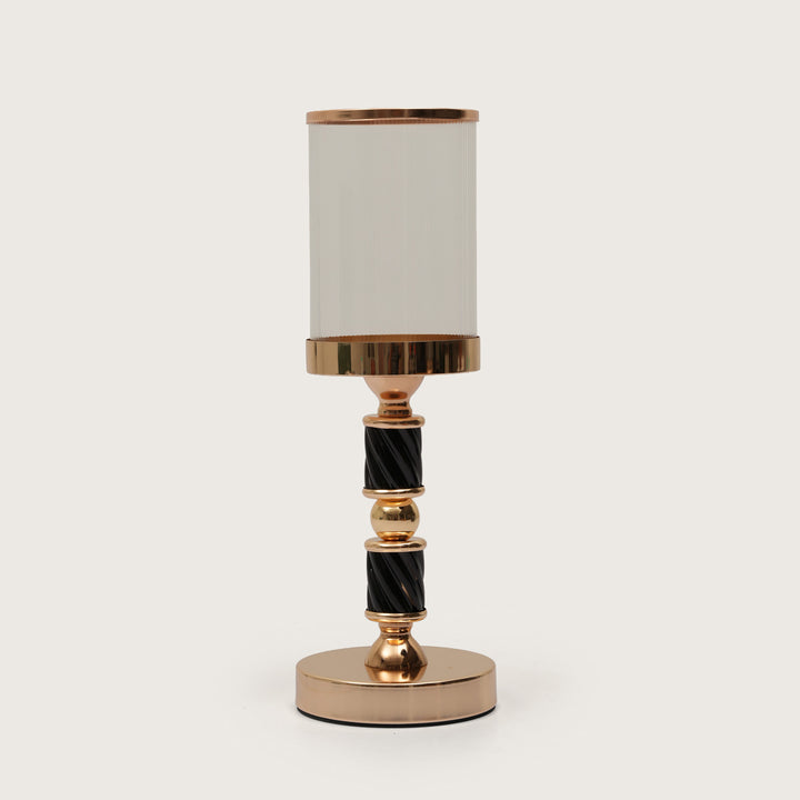 Premium Black-Spindle Candle Holder With Fulted Glass Accent - Large