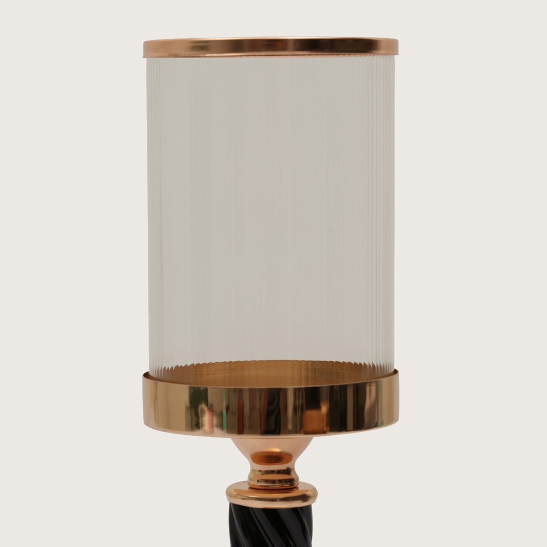 Premium Black-Spindle Candle Holder With Fulted Glass Accent - Medium