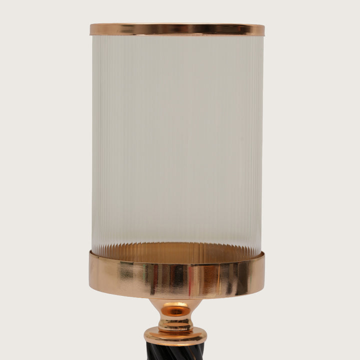 Premium Black-Spindle Candle Holder With Fulted Glass Accent - Medium