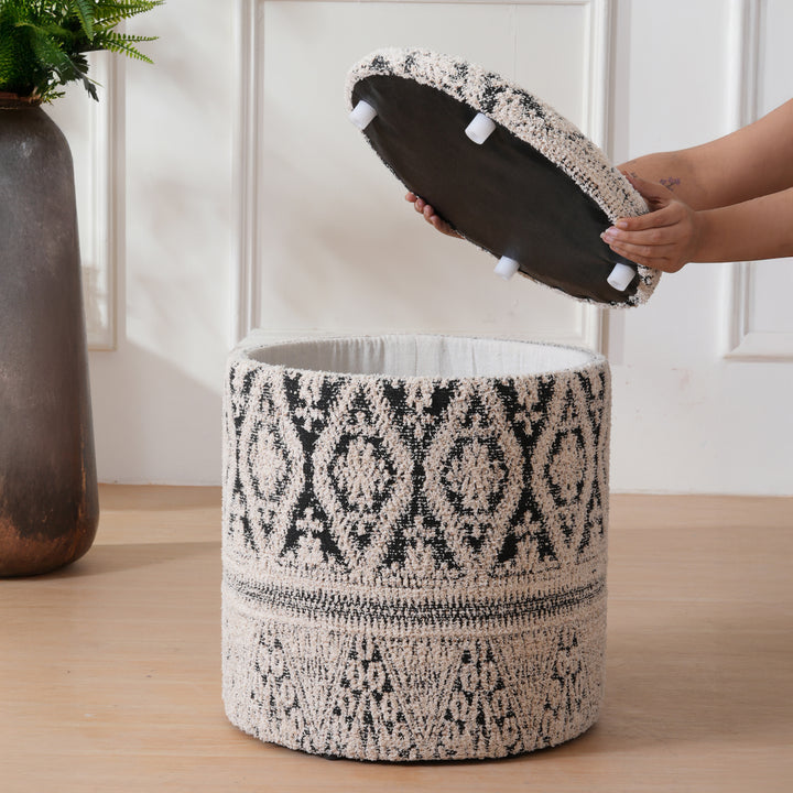 Round Storage Ottoman Footstool|Pouffe - White & Blue