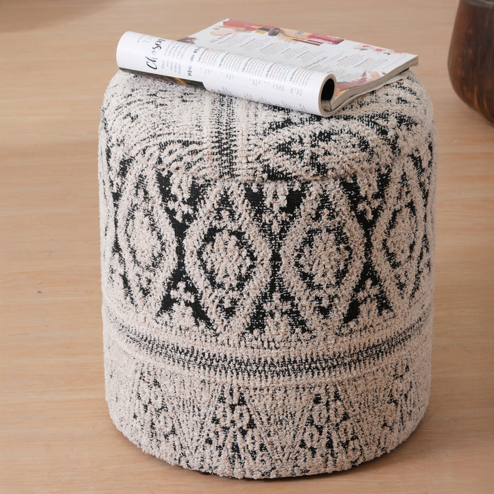 Round Storage Ottoman Footstool|Pouffe - White & Blue