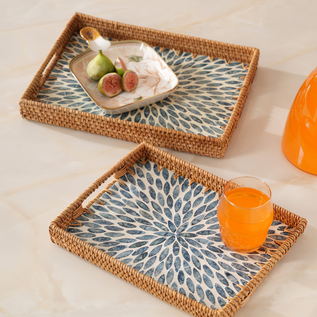 Handcrafted Rectangular Serving Tray with Blue Petal Inlay - Medium