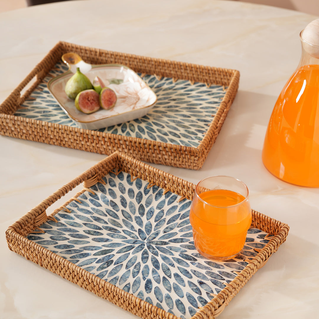 Handcrafted Rectangular Serving Tray with Blue Petal Inlay - Large