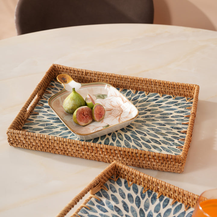 Handcrafted Rectangular Serving Tray with Blue Petal Inlay - Medium