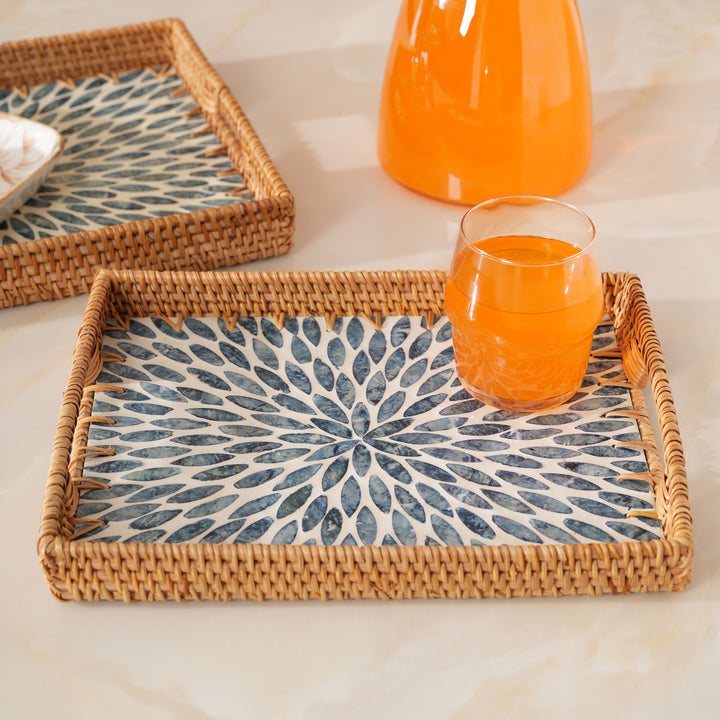 Handcrafted Rectangular Serving Tray with Blue Petal Inlay - Large
