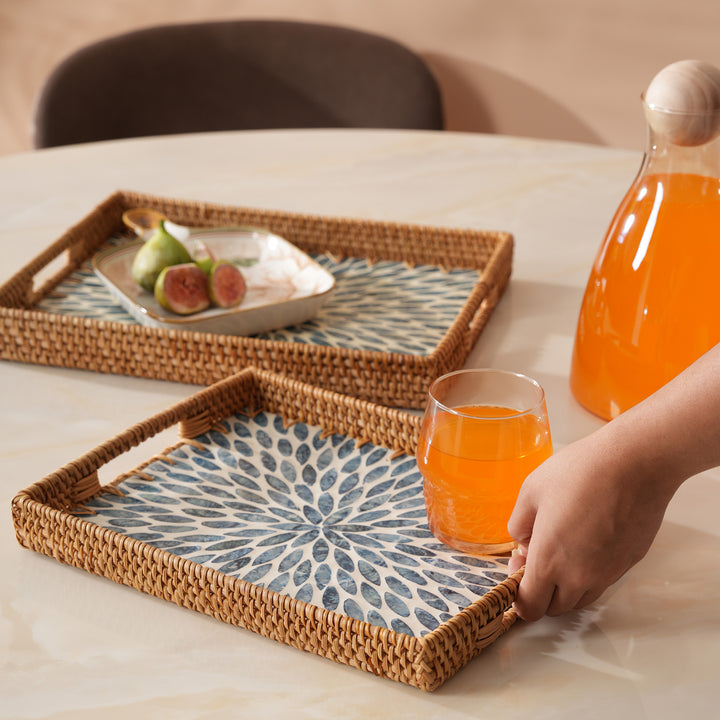 Handcrafted Rectangular Serving Tray with Blue Petal Inlay - Large