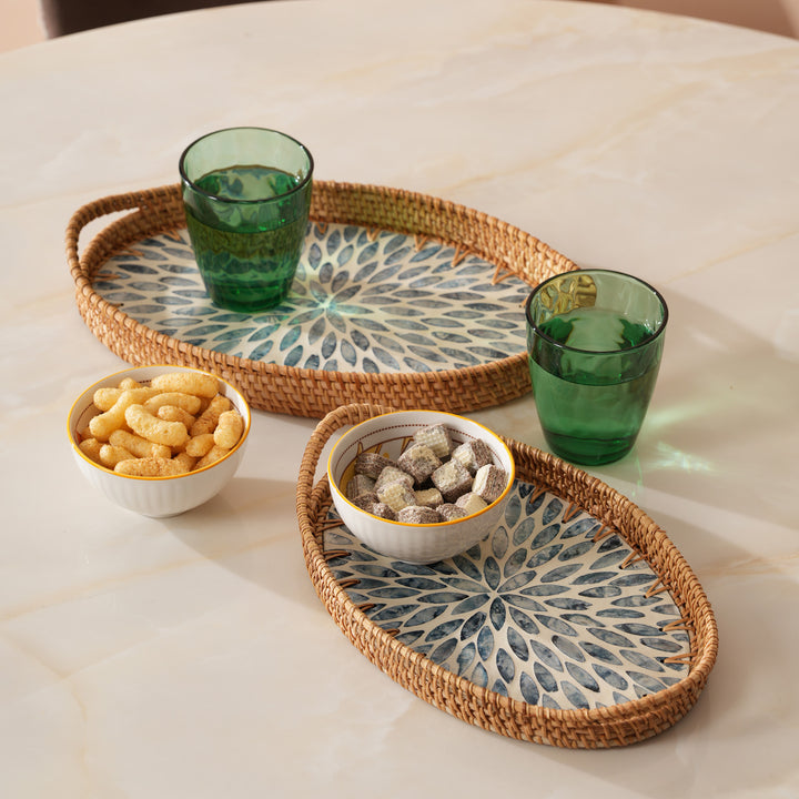 Coastal Bloom Oval Serving Tray with Blue Petal Pattern - Medium