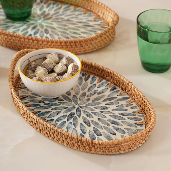 Coastal Bloom Oval Serving Tray with Blue Petal Pattern - Medium