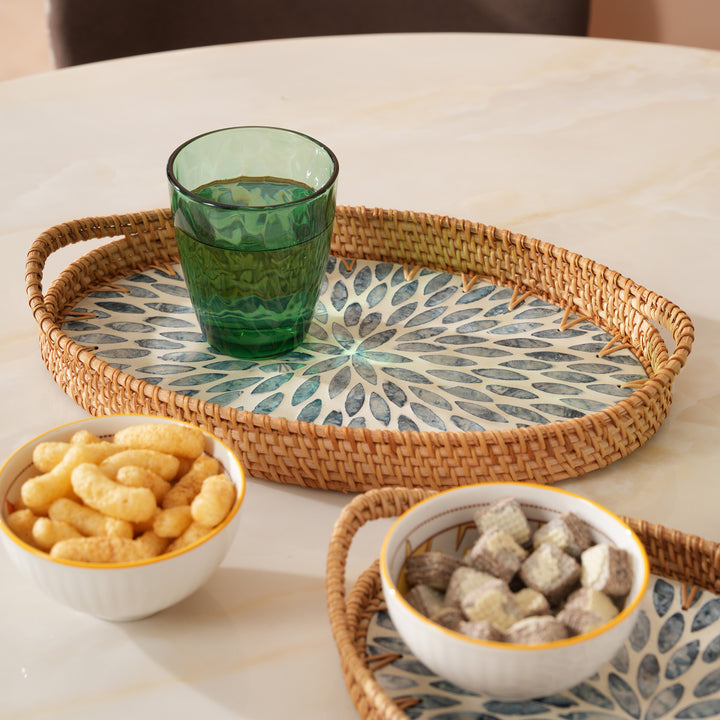 Coastal Bloom Oval Serving Tray with Blue Petal Pattern - Medium