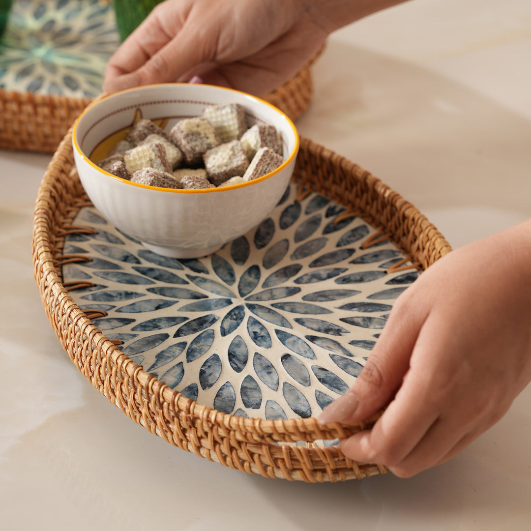 Coastal Bloom Oval Serving Tray with Blue Petal Pattern - Medium