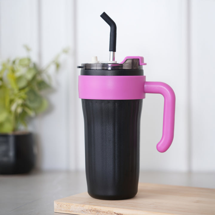 Insulated Travel Bottle with Steel Straw Lid & Handle - Black
