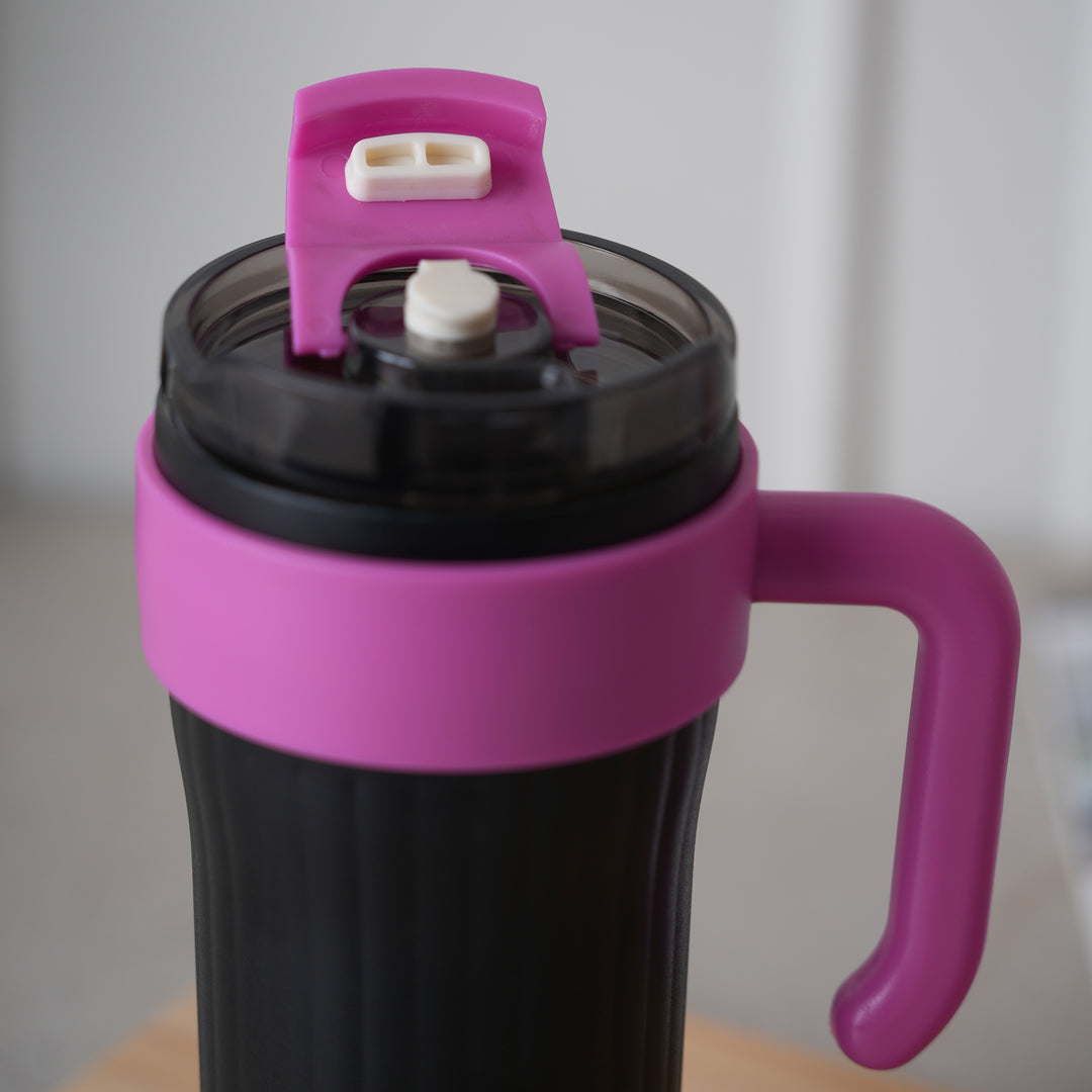 Insulated Travel Bottle with Steel Straw Lid & Handle - Black