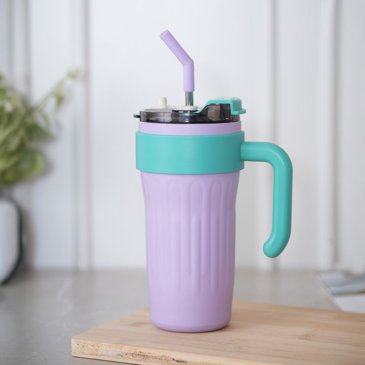 Insulated Travel Mug with Steel Straw Lid & Handle - Purple