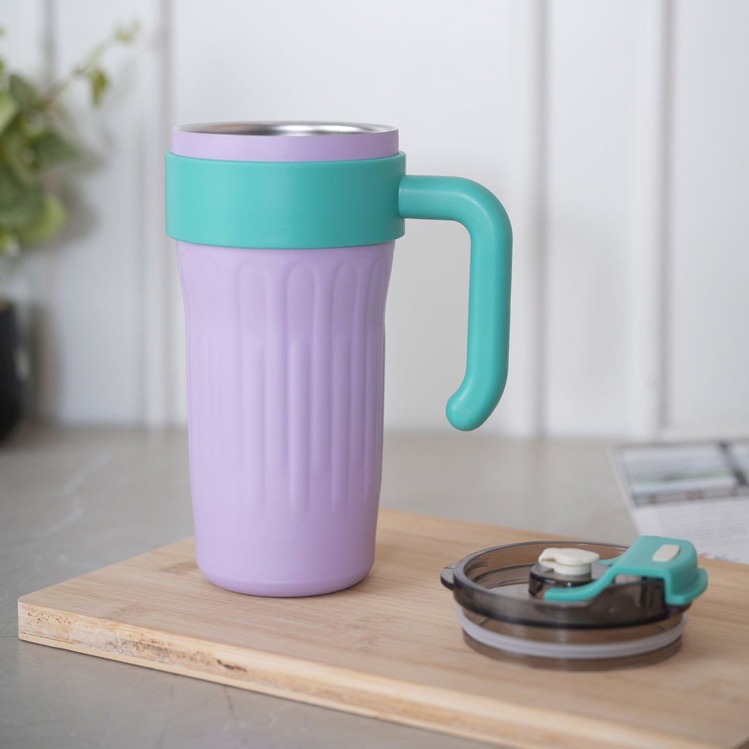 Insulated Travel Mug with Steel Straw Lid & Handle - Purple