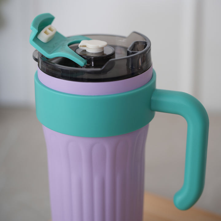 Insulated Travel Mug with Steel Straw Lid & Handle - Purple
