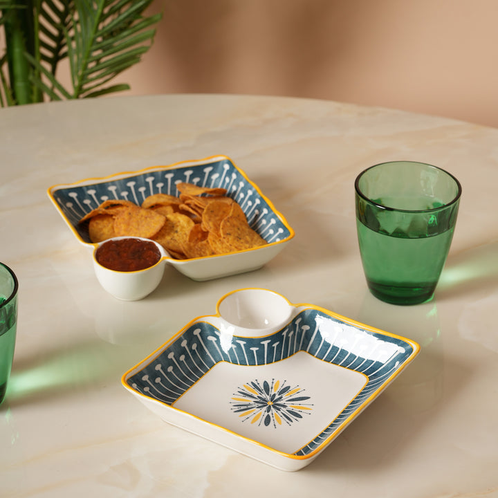 Navy &amp; Yellow Scalloped Edge Snack Platter with Dip Bowl