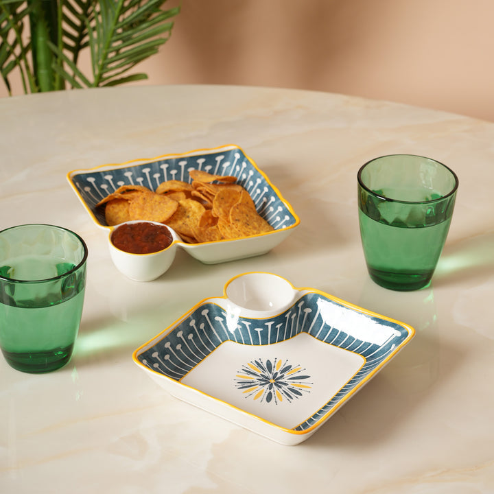 Navy &amp; Yellow Scalloped Edge Snack Platter with Dip Bowl