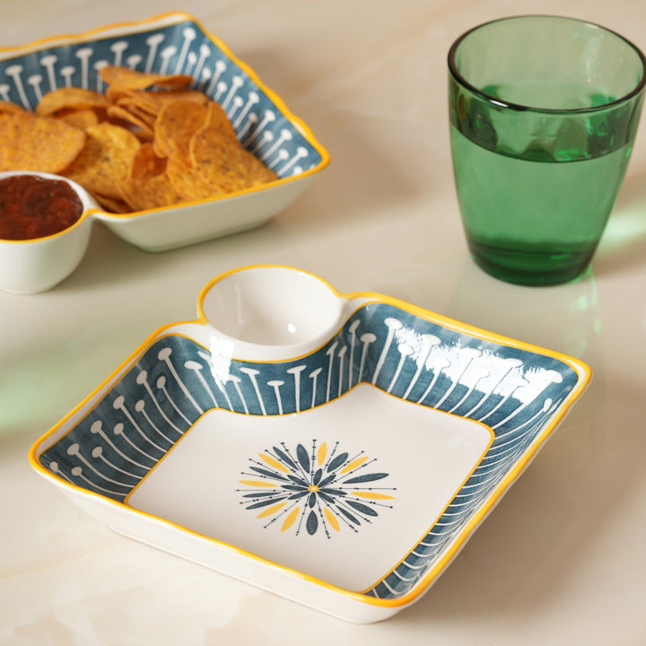 Navy &amp; Yellow Scalloped Edge Snack Platter with Dip Bowl