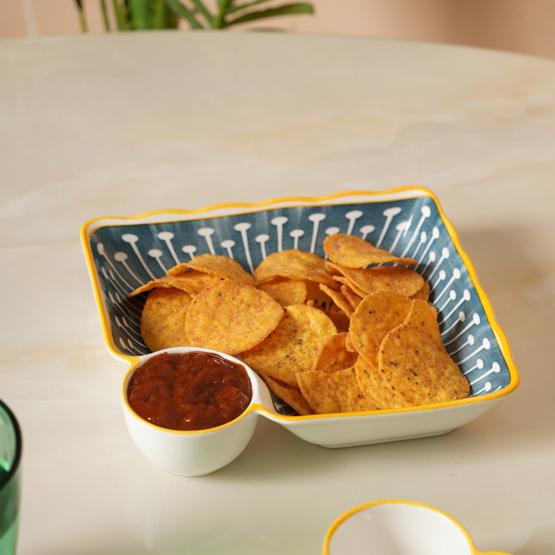 Navy &amp; Yellow Scalloped Edge Snack Platter with Dip Bowl