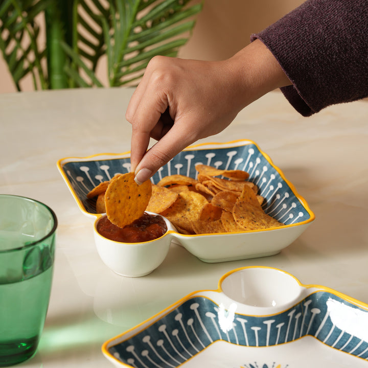 Navy &amp; Yellow Scalloped Edge Snack Platter with Dip Bowl