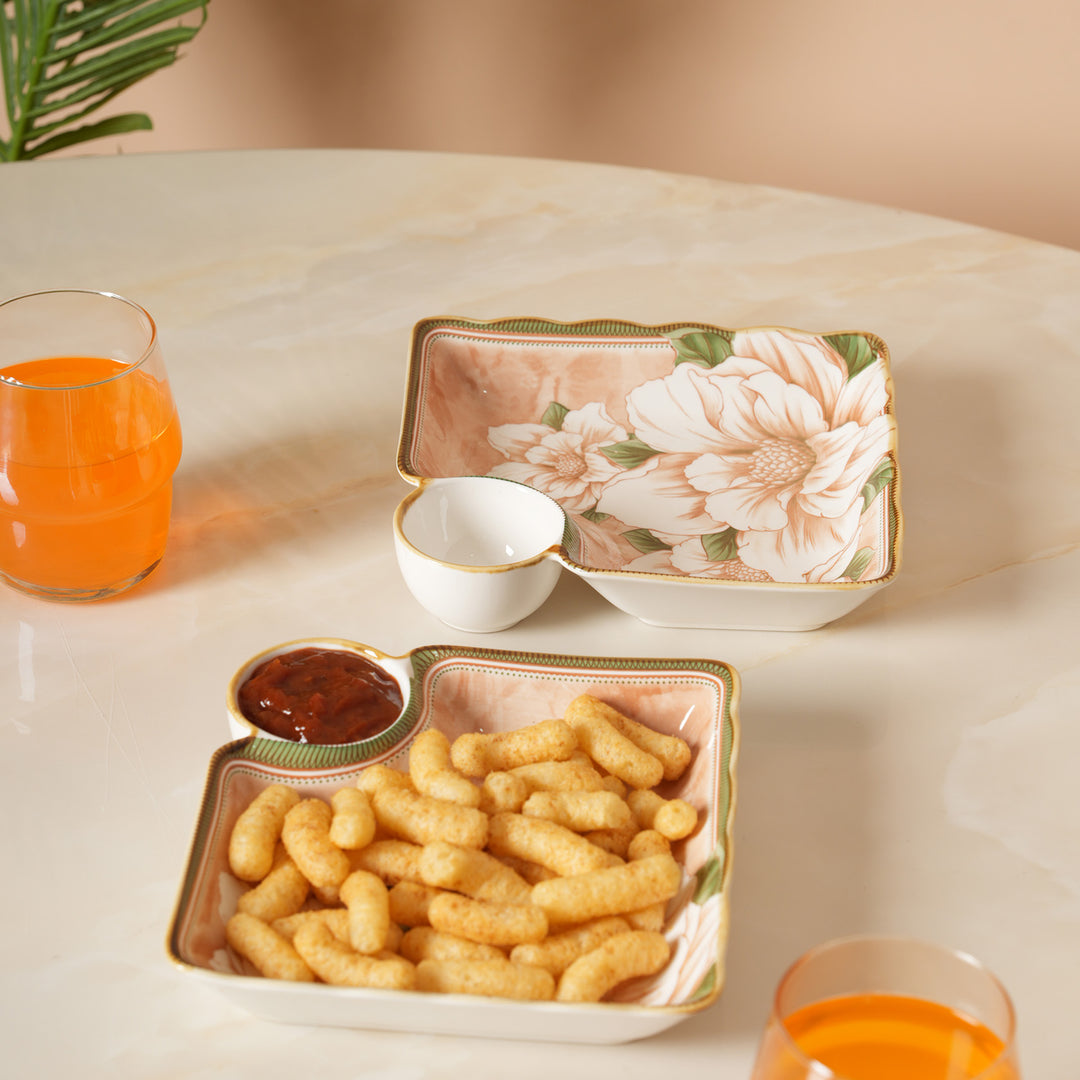 Scalloped Edge Floral Print Snack Tray with Dip Bowl
