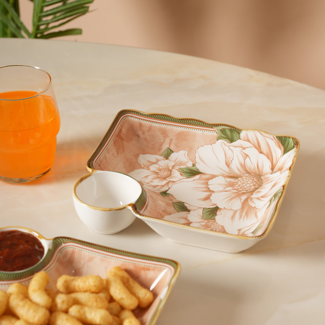 Scalloped Edge Floral Print Snack Tray with Dip Bowl