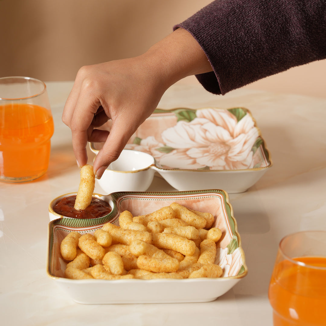 Scalloped Edge Floral Print Snack Tray with Dip Bowl