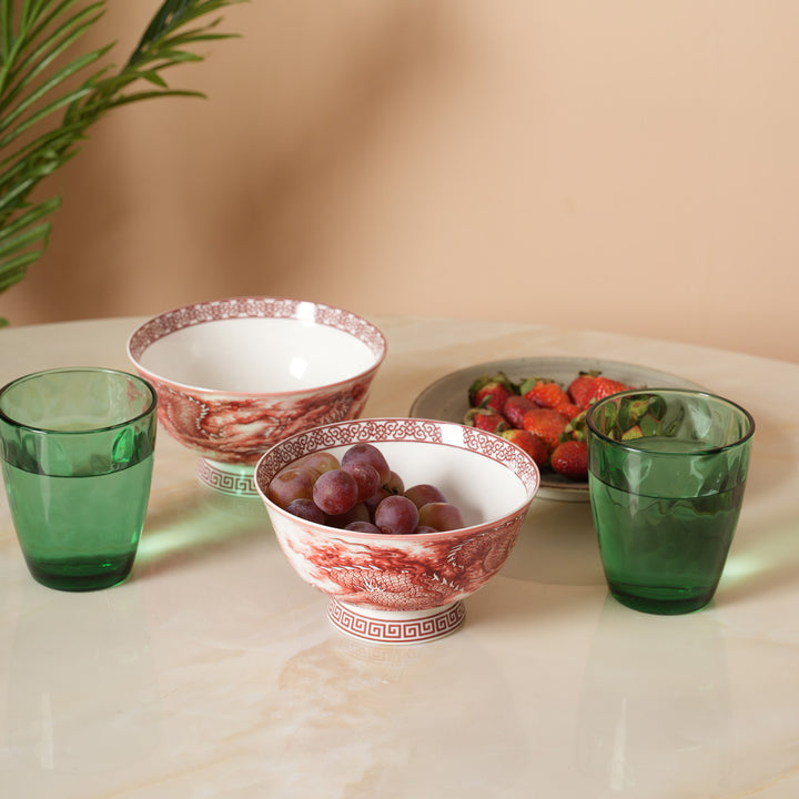 Royal Red Dragon Print Ceramic Soup/Ramen Bowl - Set of 2