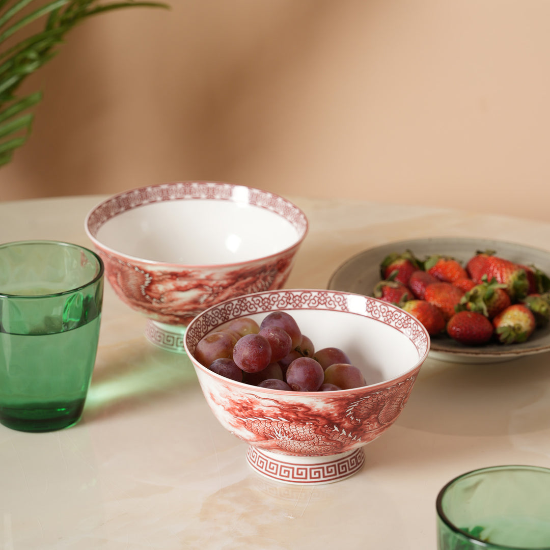 Royal Red Dragon Print Ceramic Soup/Ramen Bowl - Set of 2