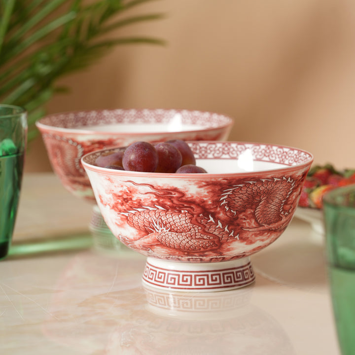 Royal Red Dragon Print Ceramic Soup/Ramen Bowl - Set of 2