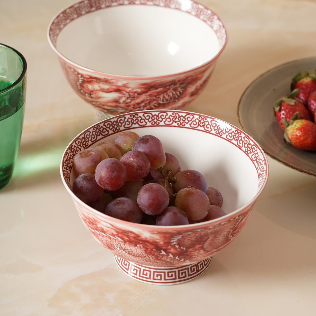 Royal Red Dragon Print Ceramic Soup/Ramen Bowl - Set of 2