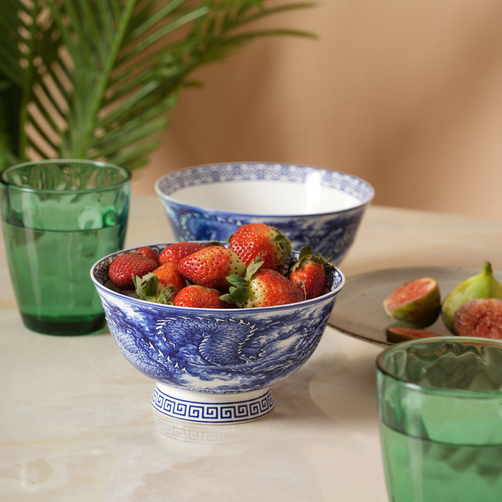 Royal Blue Dragon Print Ceramic Soup/Ramen Bowl - Set of 2