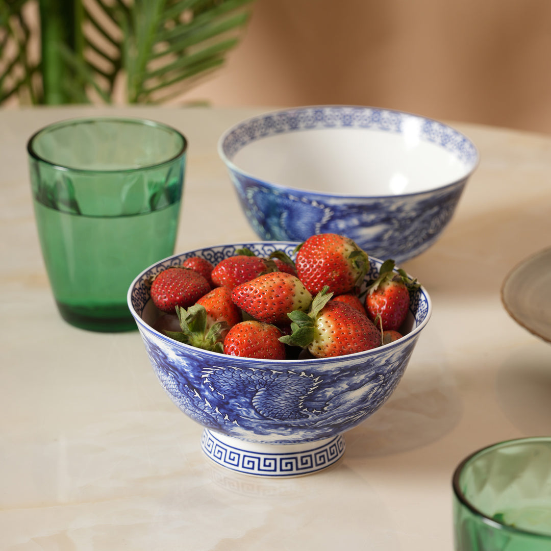 Royal Blue Dragon Print Ceramic Soup/Ramen Bowl - Set of 2
