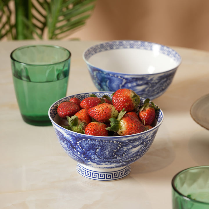 Royal Blue Dragon Print Ceramic Soup/Ramen Bowl - Set of 2