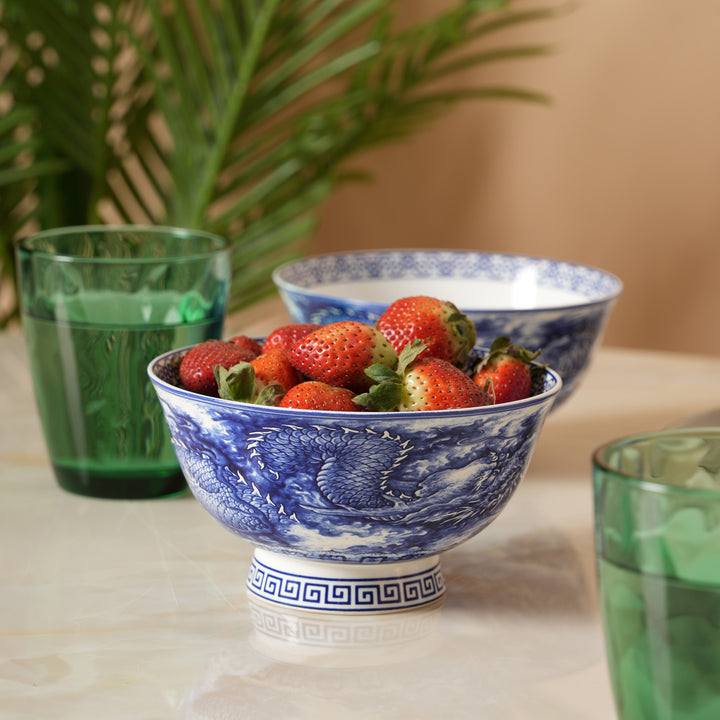 Royal Blue Dragon Print Ceramic Soup/Ramen Bowl - Set of 2