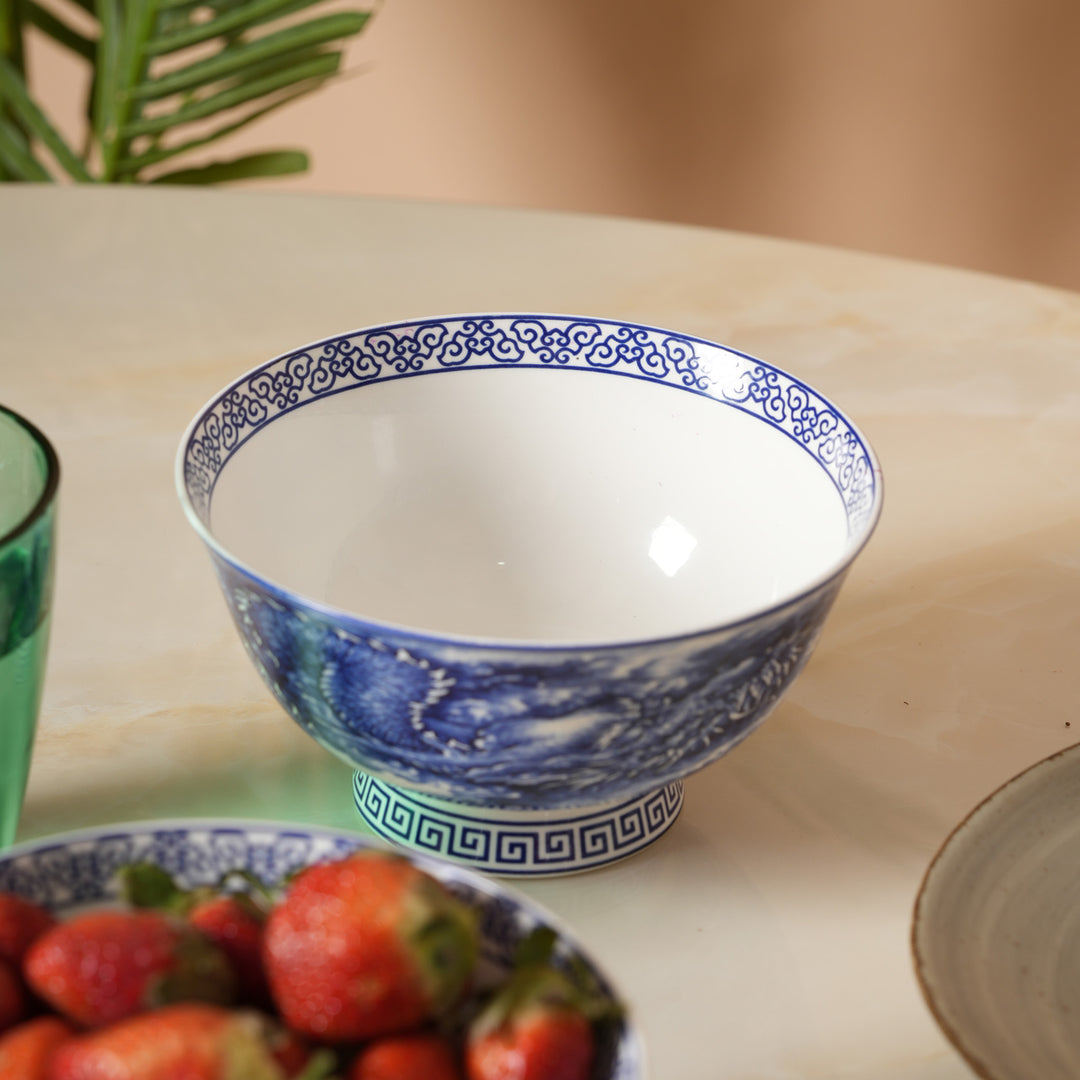 Royal Blue Dragon Print Ceramic Soup/Ramen Bowl - Set of 2