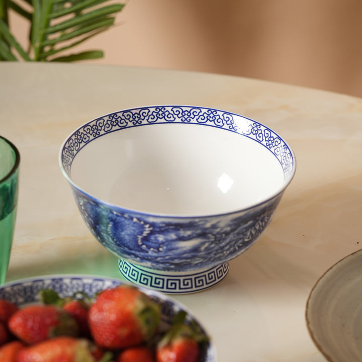 Royal Blue Dragon Print Ceramic Soup/Ramen Bowl - Set of 2