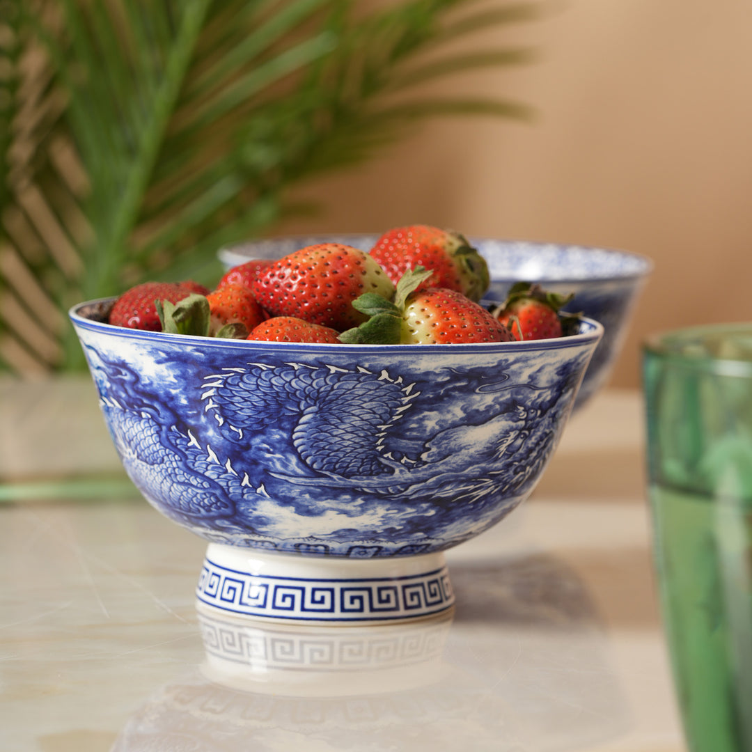 Royal Blue Dragon Print Ceramic Soup/Ramen Bowl - Set of 2