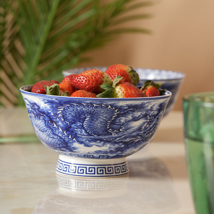Royal Blue Dragon Print Ceramic Soup/Ramen Bowl - Set of 2