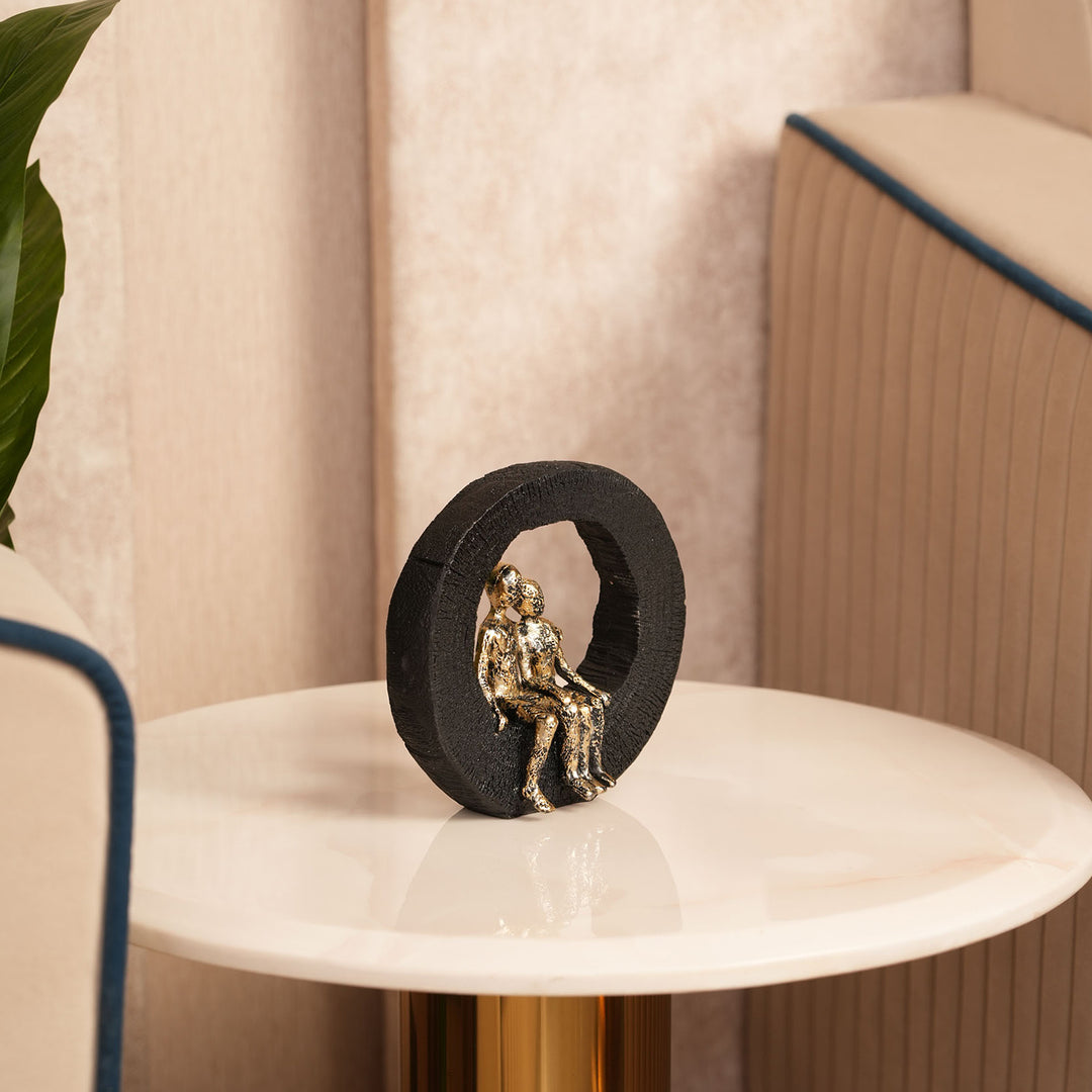 Abstract Lovers Sculpture - Golden Couple on Black Ring