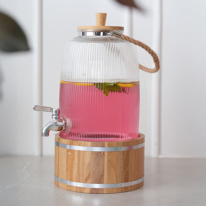 Glass Beverage Dispenser 3L with Wooden Stand & Tap, Ribbed Design