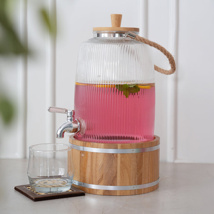Glass Beverage Dispenser 3L with Wooden Stand & Tap, Ribbed Design