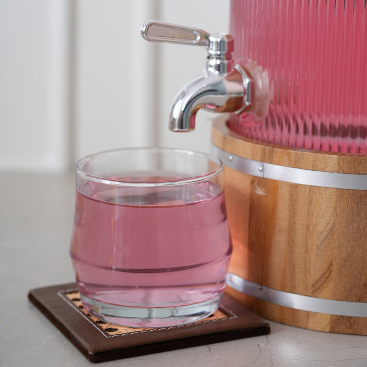 Glass Beverage Dispenser 3L with Wooden Stand & Tap, Ribbed Design