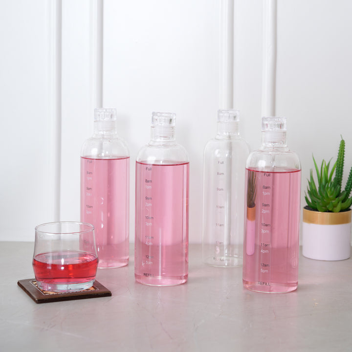 Water Glass Bottles with time markerings, 750ML, Set of 4 - Clear
