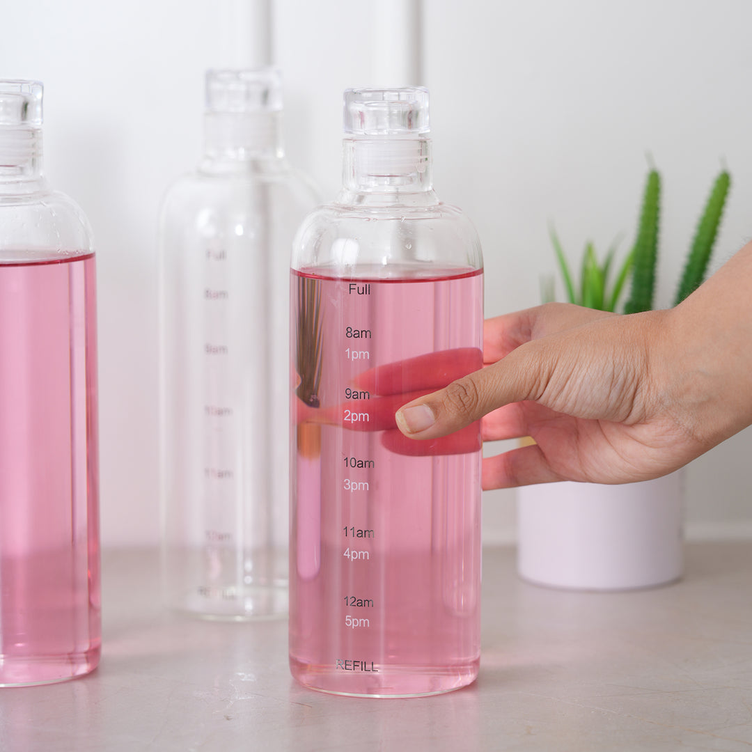 Water Glass Bottles with time markerings, 750ML, Set of 4 - Clear