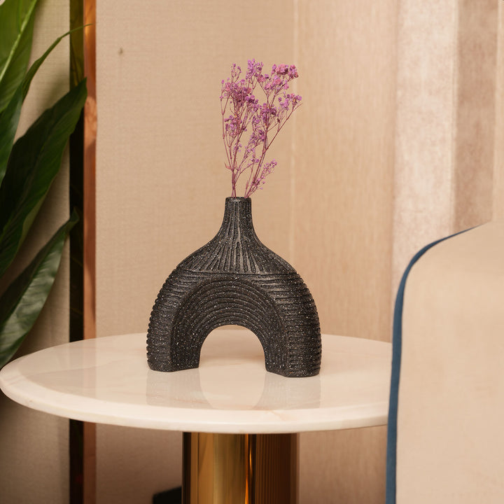 Modern Textured Speckle-Glazed Black Arch Vase