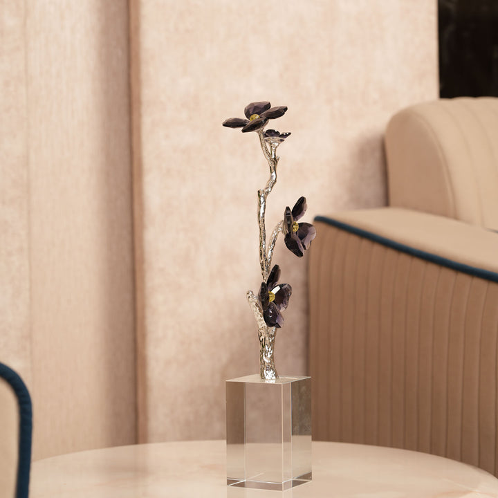 Crystal Dogwood Blossom Sculpture with Silver-Tone Branch Detailing