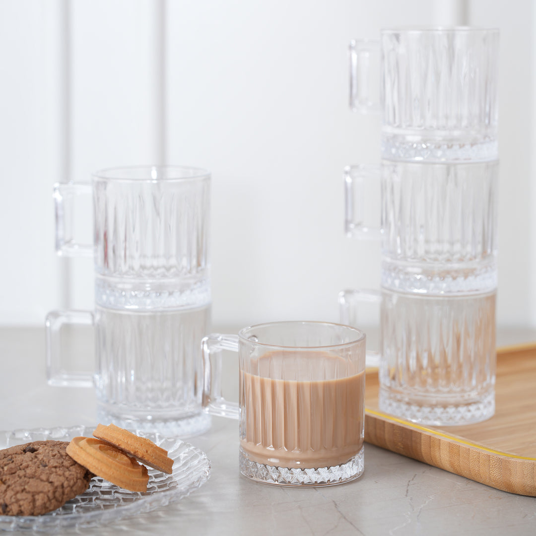 Glass Coffee Mugs 250ML with Handle, Ribbed Design, Set of 6